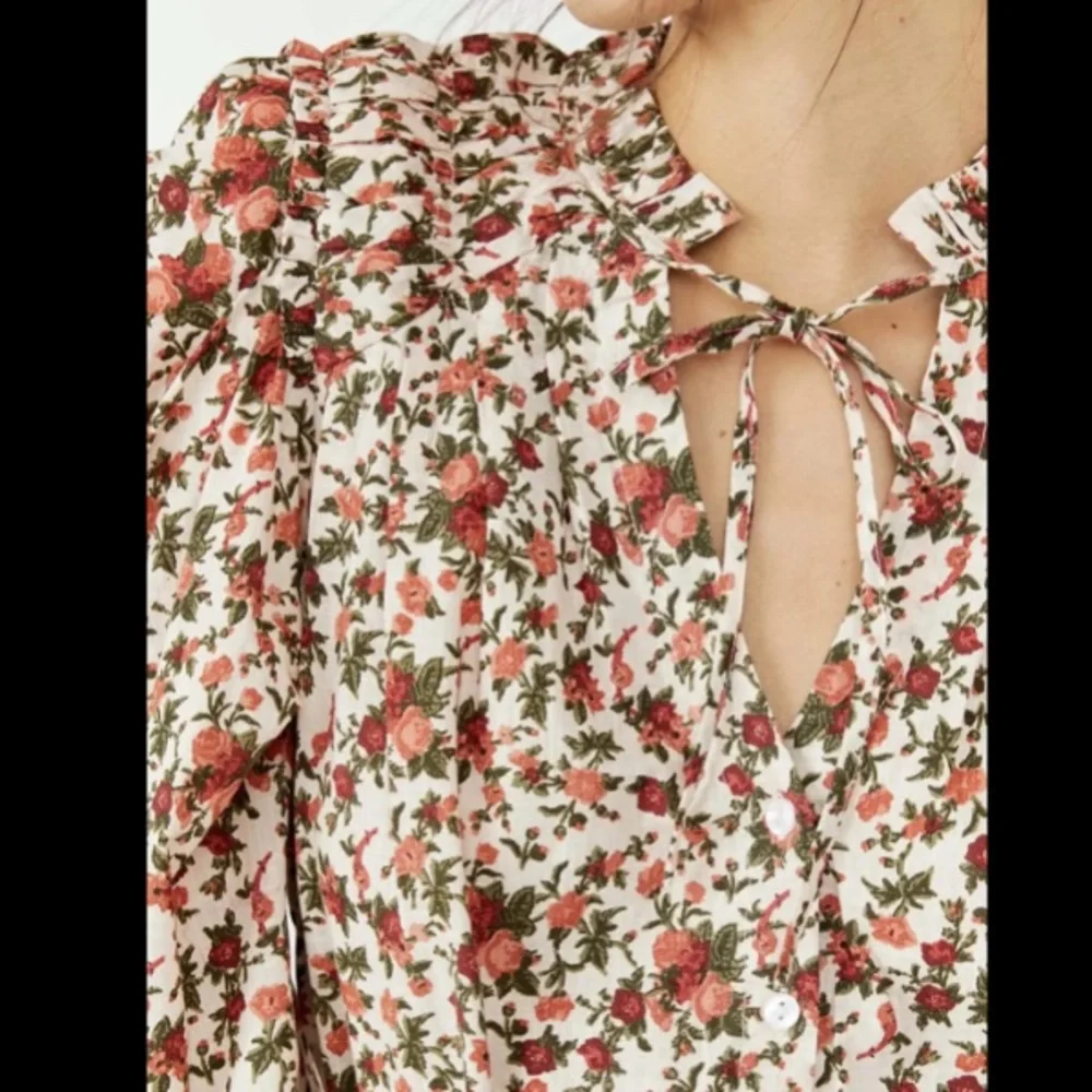 Free People Meant To Be Floral Roses Cotton Poet Blouse Statement Sleeves